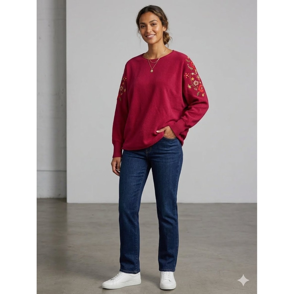 Via Milano Woman Berry Red Floral Embroidered Batwing Knit Sweater 1X